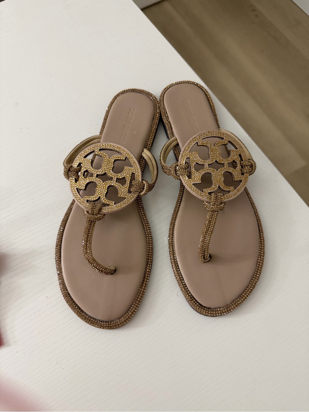 Tory Burch Tan Logo Beaded Thong Sandals